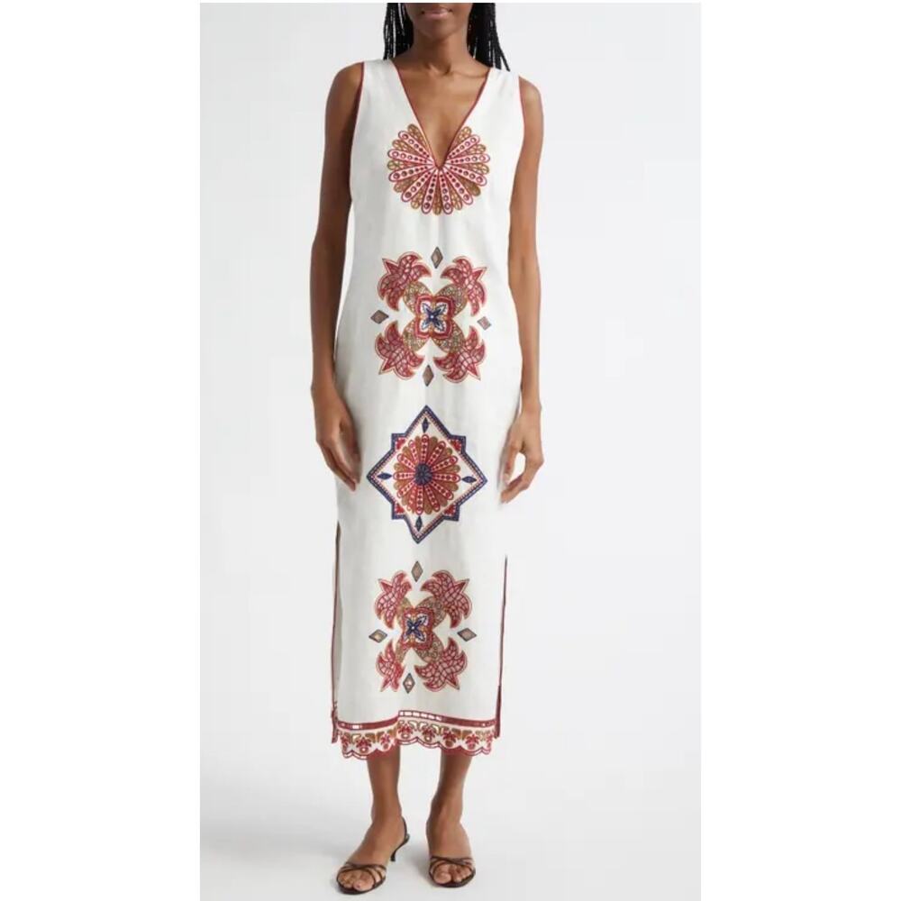 FARM Rio Mary's Tiles Embroidered Linen Dress - Size L (NWOT) - Picture 2 of 8